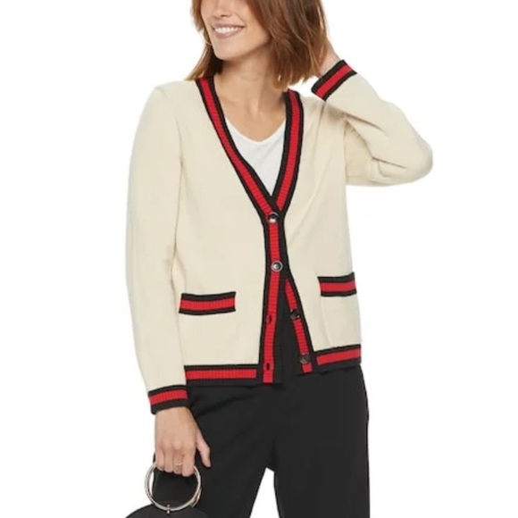 POPSUGAR Varsity Cardigan Beige Cardigan with Red and Black Trim Size L - Picture 1 of 6
